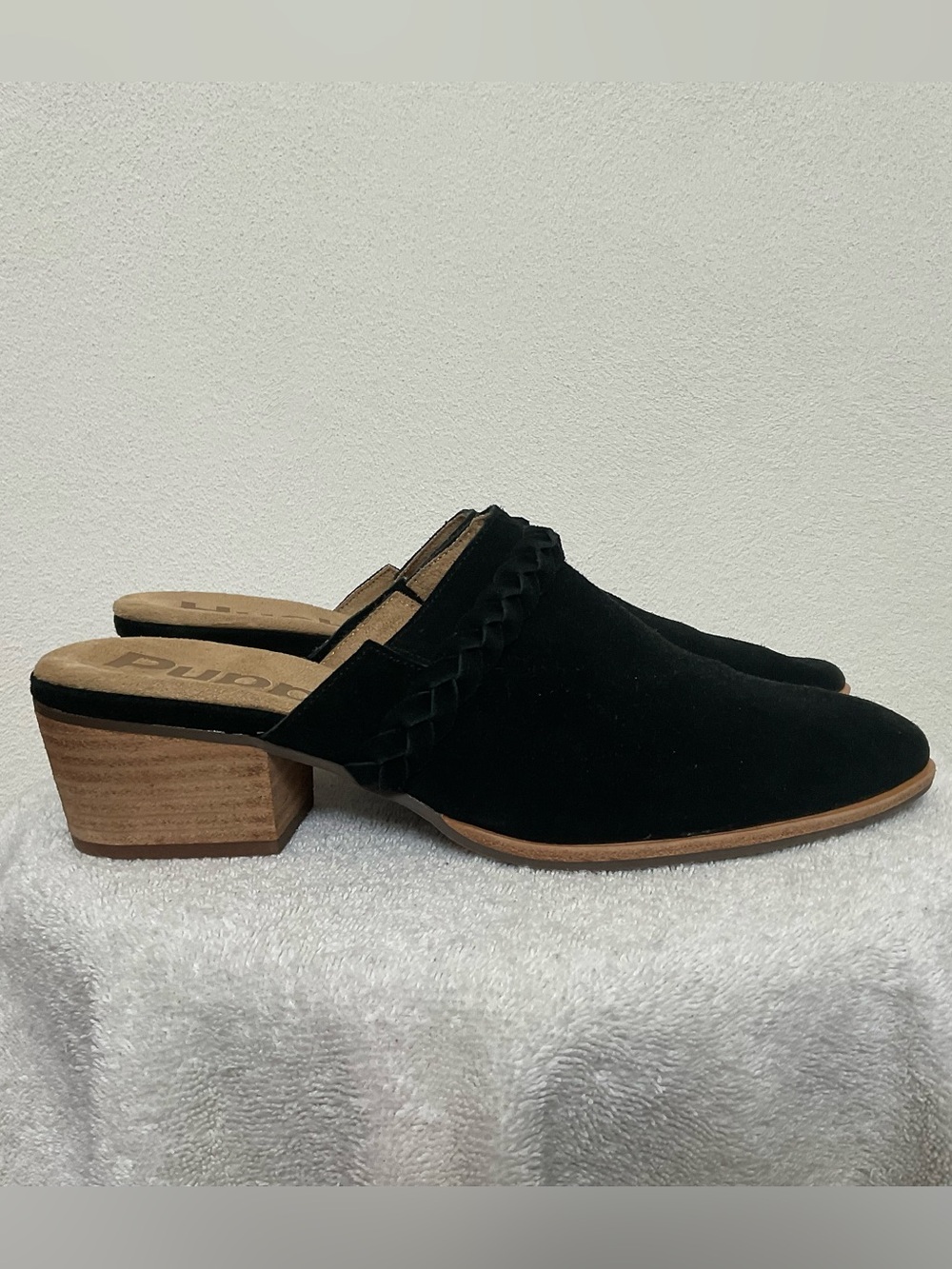 Hush Puppies Black Leather Pointed Toe Block Heel Mule Braided Size 9.5